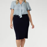 The Andi Tube Skirt in Navy is a key piece from our luxe mix-and-match separates collection, offering versatility for office, travel, or weekend styling. Now available in three lengths, this skirt is crafted from a navy dry-touch jersey fabric with a soft stretch for added comfort. The double-layer tube design ensures a flattering fit, while the soft folded waistband provides a smooth, relaxed feel. With a pull-on style and regular length, the Andi Tube Skirt is a must-have for any wardrobe.