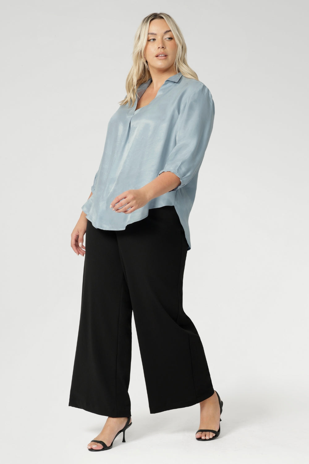 The ¾ length sleeves fall softly and are finished with narrow bound hems, bringing a refined finish to a relaxed shape. A curved shirttail hemline completes the look, offering versatility whether worn tucked in or left loose. Crafted in an easy-care woven fabric and made in Australia for women across Australia and New Zealand in sizes 8 to 24, the Arley Shirt delivers comfort, ease, and style in equal measure.