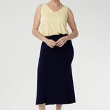 The Asher Skirt is crafted from our signature dry-touch stretch jersey, offering a comfortable, flexible fit that flatters every shape. With an easy pull-on elastic waist and a refined A-line silhouette, it’s the perfect skirt for effortless styling from work to weekend. Proudly designed and made in Australia, this is a wardrobe essential for modern women on the move.