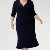 The Asher Skirt is crafted from our signature dry-touch stretch jersey, offering a comfortable, flexible fit that flatters every shape. With an easy pull-on elastic waist and a refined A-line silhouette, it’s the perfect skirt for effortless styling from work to weekend. Proudly designed and made in Australia, this is a wardrobe essential for modern women on the move.