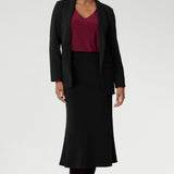 The back shoulder yoke is finished with gentle gathers, offering subtle movement and texture. The curved shirt-tail hemline flatters the hips when worn loose and maintains a chic, modern vibe if you prefer to French tuck. Available in inclusive sizes 8 to 24, the Avery Top in Ruby is a standout piece that blends comfort, quality, and timeless style—all Australian made.