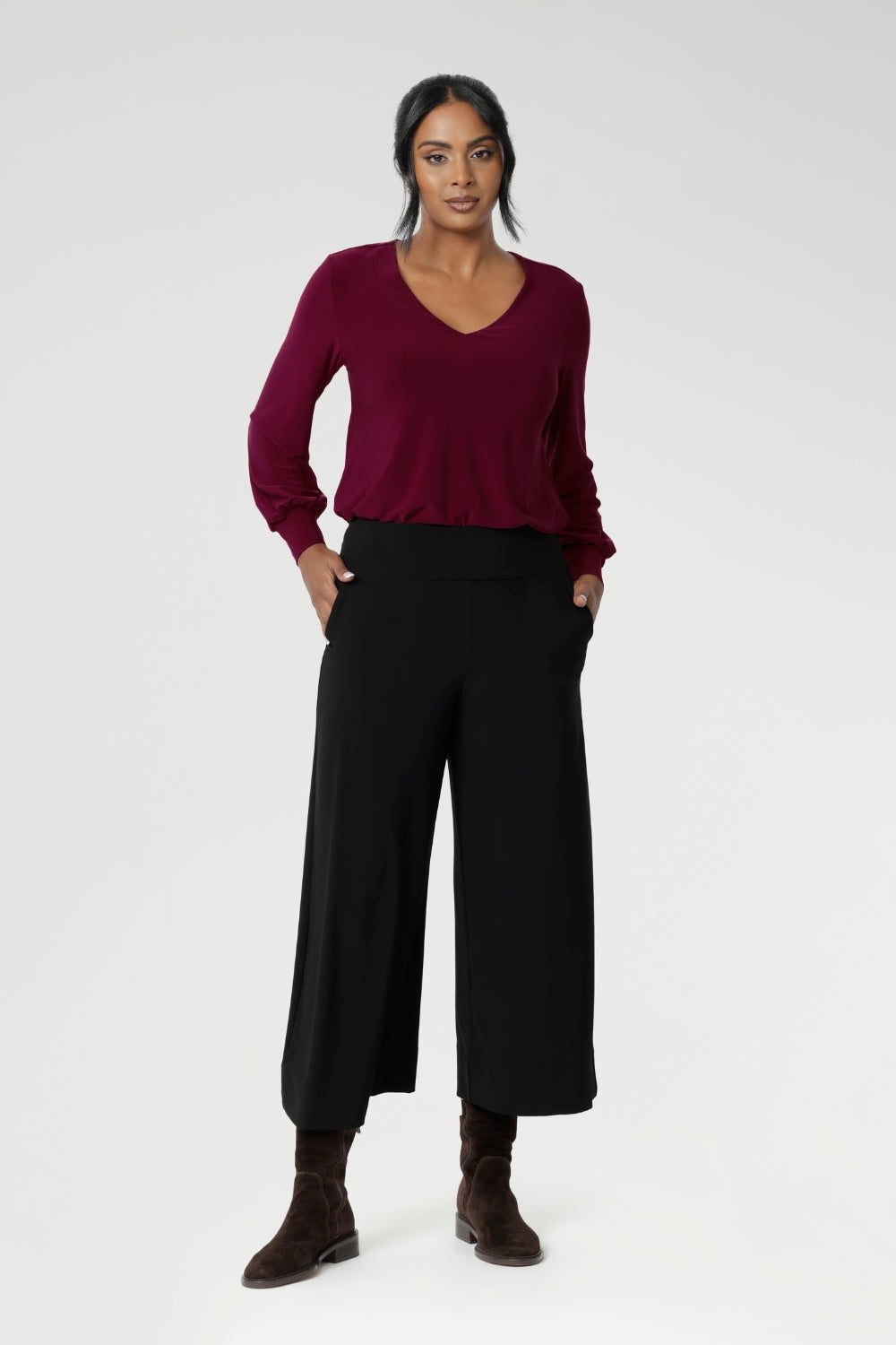 Wide leg black culotte pants worn with a clay coloured summer cami and light weight blazer made from dry touch jersey. Worn by size 12 woman - shop online at Australian women's clothing brand Leina & Fleur in sizes 8-24, with regular & short lengths available.