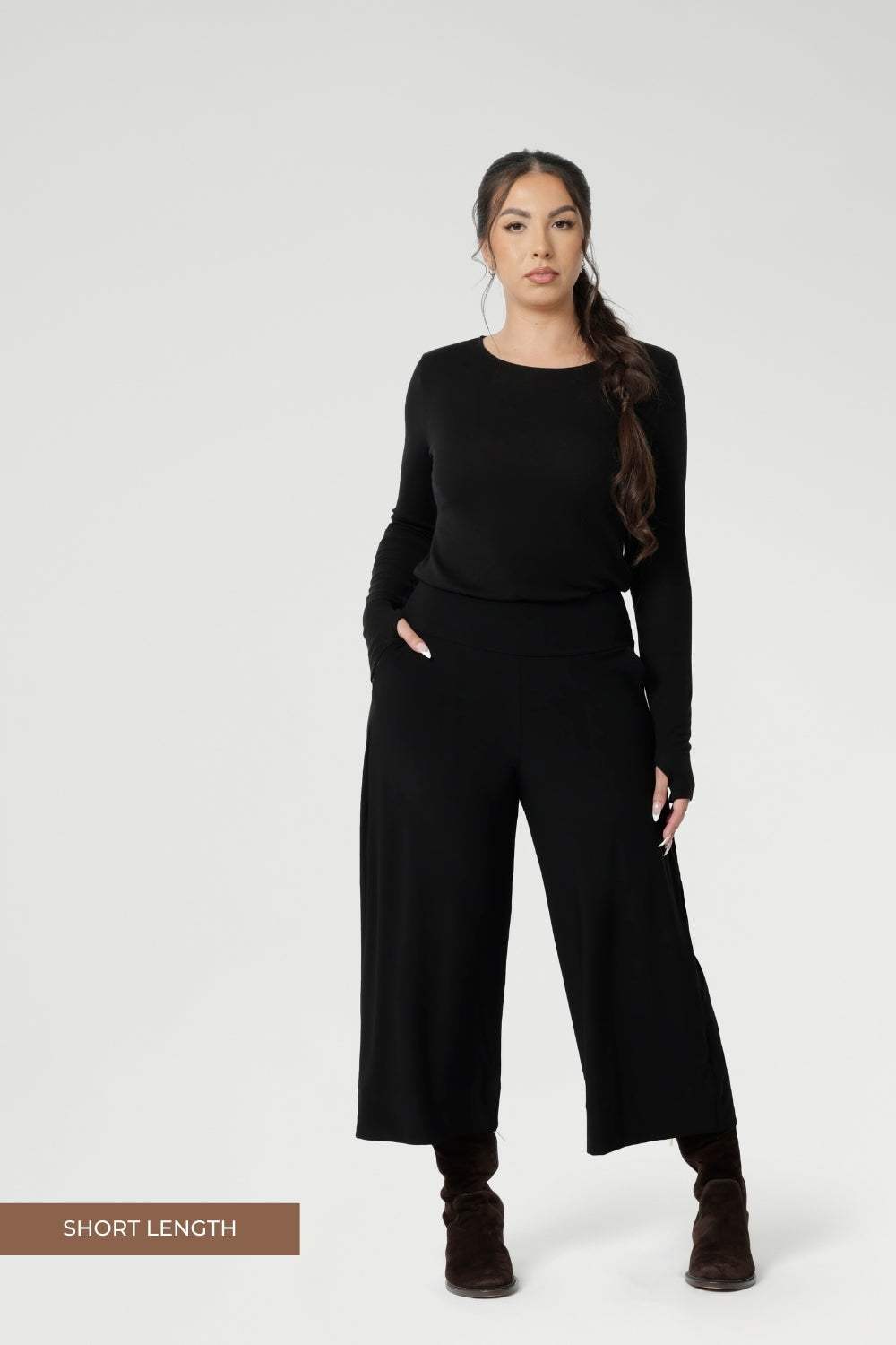 Wide leg culotte pants are made from dry touch jersey. Worn by size 18 woman - shop online at Australian women's clothing brand Leina & Fleur in sizes 8-24, with regular & short lengths available.