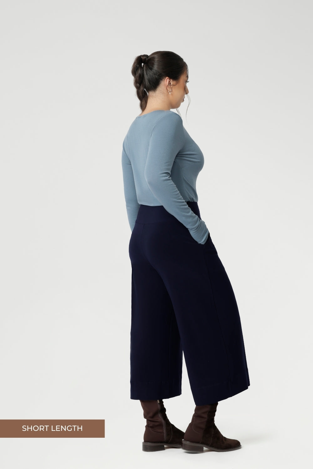 Petite height friendly pants made in Australia from heavy weight dry touch jersey fabric. The Bradley Culotte in Navy is a pant that unites all heights, now available in 3 lengths and through sizes 8-24.