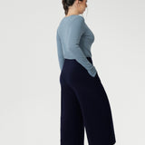 Petite height friendly pants made in Australia from heavy weight dry touch jersey fabric. The Bradley Culotte in Navy is a pant that unites all heights, now available in 3 lengths and through sizes 8-24.