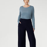 The Bradley Culotte in Navy is a pant that unites all heights! Pair back with our Sandro Jacardi for a comfortable soft suiting combination. Petite height model wears the short length Bradleys.