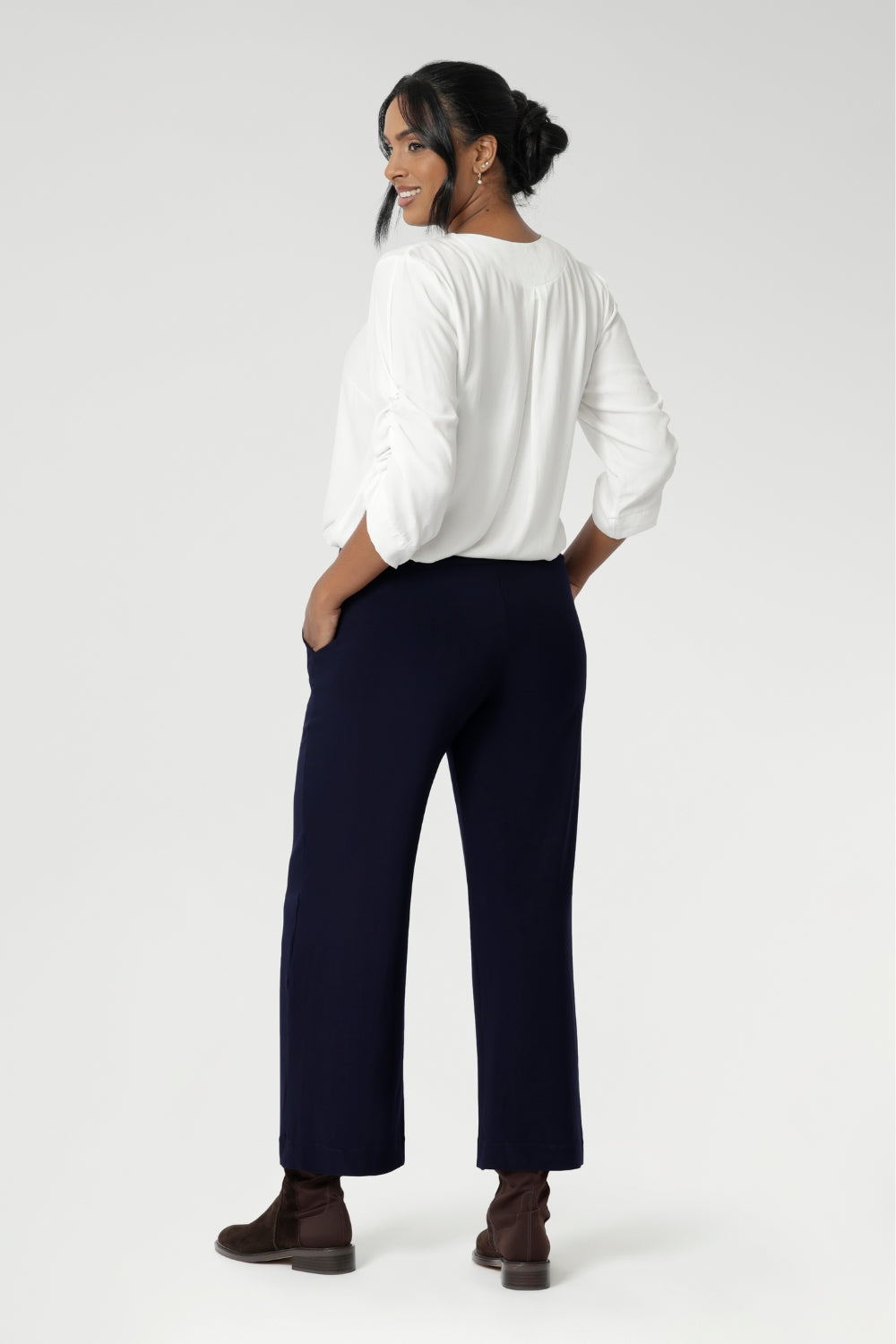 The Bradley Culotte Pant in Navy is The Ideal Stylish Pant For Any Height. Easy Care, feels so comfortable to wear. Now Available in 2 Different Lengths and Stocked in Sizes 8-24. Made in Australia.