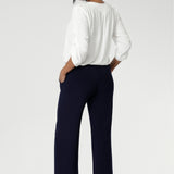 The Bradley Culotte Pant in Navy is The Ideal Stylish Pant For Any Height. Easy Care, feels so comfortable to wear. Now Available in 2 Different Lengths and Stocked in Sizes 8-24. Made in Australia.
