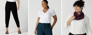 Showing women's travel wardrobe essentials by Australian and New Zealand women's clothing brans, Leina & Fleur. Image 1 shows black, tapered leg pants in size 10. Image 2 shows a white bamboo jersey, short sleeve top for plus sizes. Image 3 shows a bamboo jersey infinity scarf in Mulberry red.