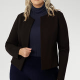 The Drake Jacket in Cocoa brings a warm, modern edge to your capsule wardrobe. Crafted from high-quality dry-touch Ponte jersey fabric with firm stretch, this cropped jacket delivers clean lines, structured tailoring, and all-day comfort.