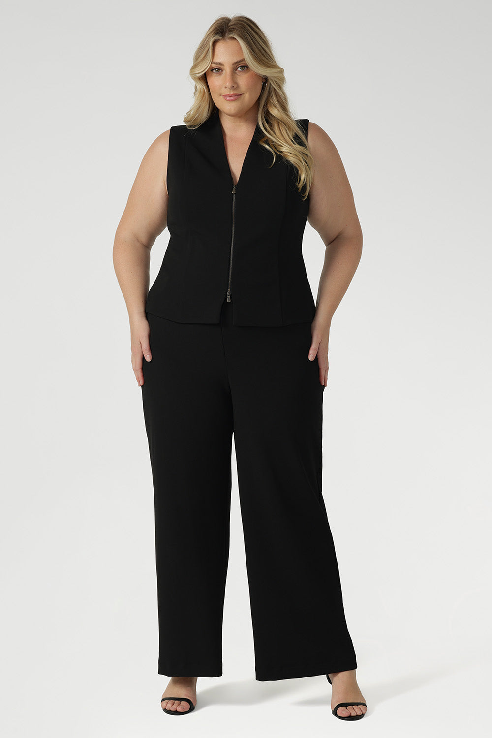 Black work wear pants. Easy care fabric used to craft pants is scuba crepe. Off duty pants provide breathable stretch and comfort. Australia Made for woman in Australia and New Zealand.