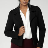 Size 10 woman wears the Garcia Jacket in Black. Tailored design with collar and comfortable stretch. Comfortable and stylish workwear for women. Size inclusive fashion and made in Australia for women size 8 - 24.