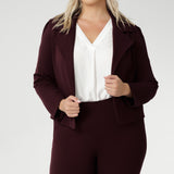 The Garcia Jacket in Burgundy is a modern cropped trench with a tailored, open-front design. Made from firm-stretch fabric, it’s an effortless layering piece for off-duty or workwear looks. Garcia features an open fronted jacket with collar and notch lapels with topstitch details. Double layer jacket is tailored with front panels and back darts. Proudly made in Australia in sizes 8-24.