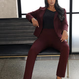 Size 10 woman wears a pull-on style pant, crafted from dry touch Ponte fabric that provides firm stretch and full body comfort. Over 30's model wears the Garcia Jacket in the matching burgundy colour for a coordinated suiting look. Available in sizes 8-24.