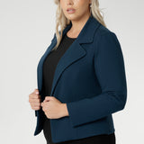 Model wears the Garcia Jacket in Petrol ponte fabric by Australian and New Zealand women's clothing brand, L&F. Featuring collar and notch lapels and long sleeves, this open-fronted jacket is good for corporate wear and casual wear.