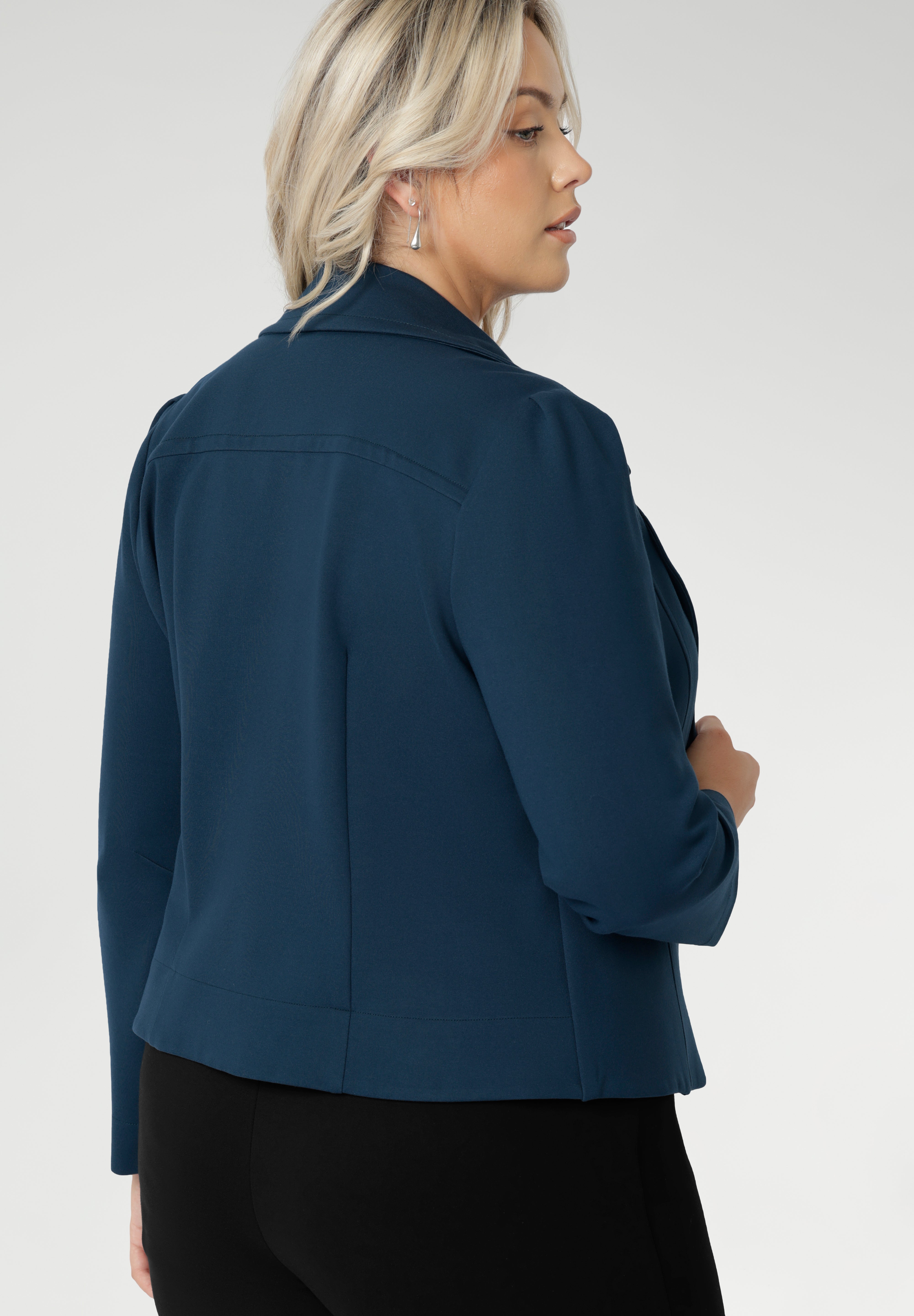 Garcia Jacket in Petrol ponte fabric by Australian and New Zealand women's clothing brand, L&F. Featuring collar and notch lapels and long sleeves, this open-fronted jacket is good for corporate wear and casual wear.