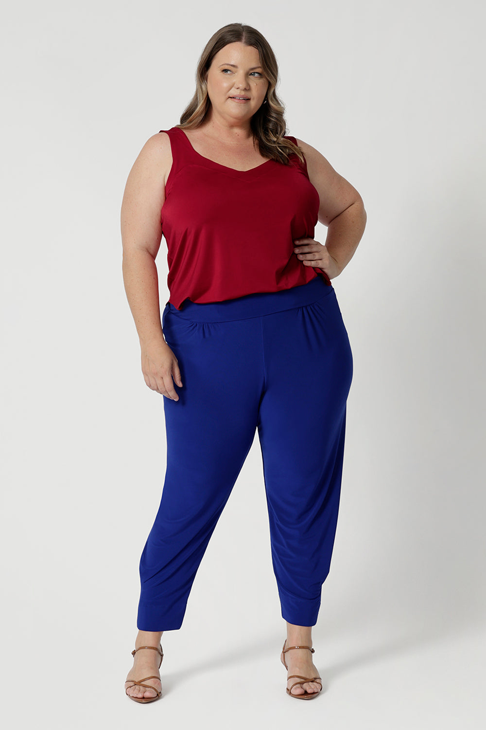 Proudly Australian made, these pants are crafted with attention to quality and detail. As part of a plus-size inclusive fashion brand, they are available in a full size range from 8 to 24, offering a flattering fit for women of all shapes and sizes. The tailored design ensures a modern, streamlined silhouette, while the waistband and cut provide comfort and ease for every figure.