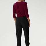 Great pants for travel, these dropped crotch, cropped leg, single seam black pants are made stretchy jersey for ultimate comfort. Shop these comfy black for your travel and capsule wardrobe now. Available in sizes 8-24.