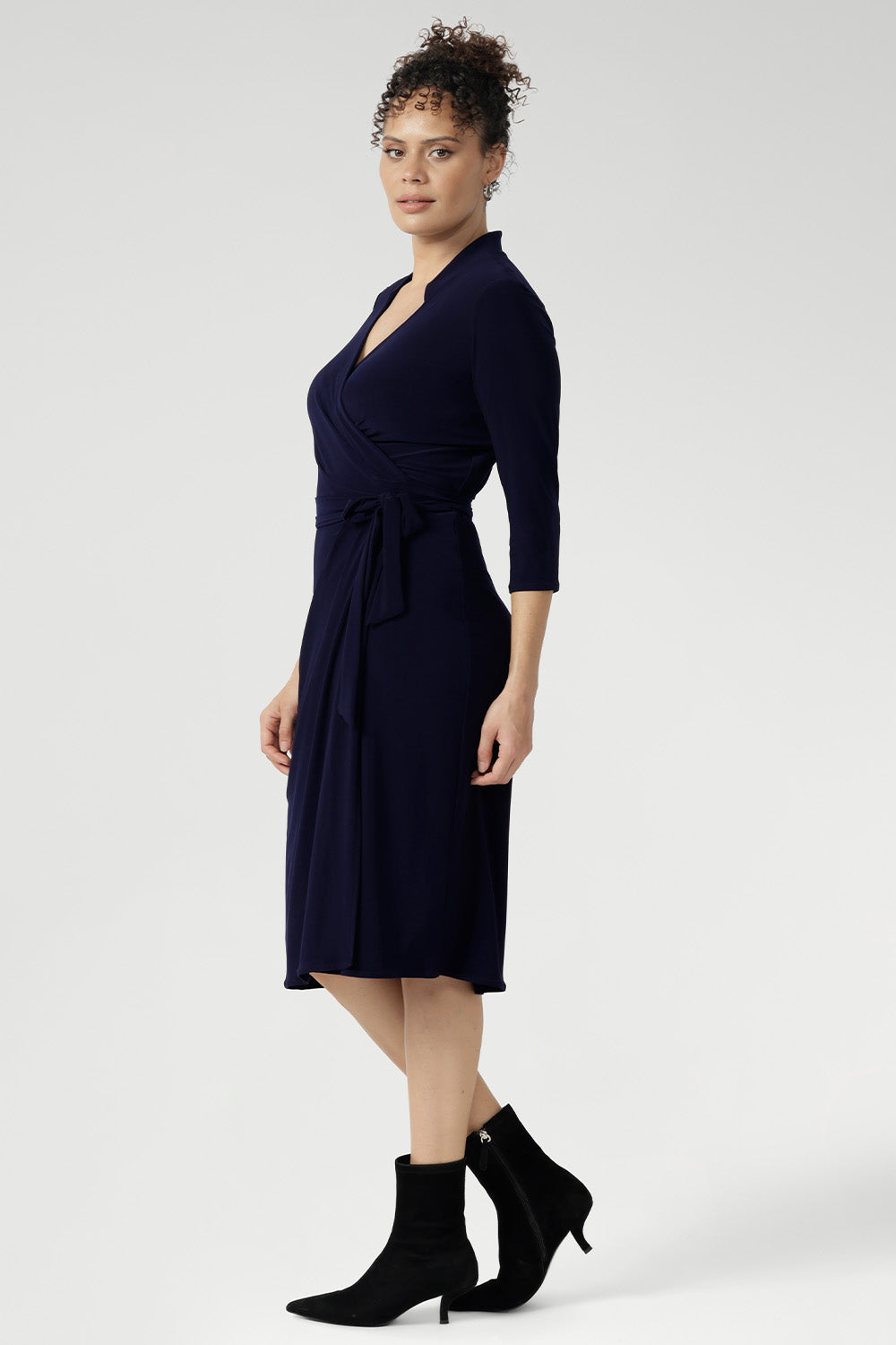 Women's wrap dress, tailored for a corporate or event settings and featuring a modern angular collar. Sizes 8-24 and Proudly Made in Australia.