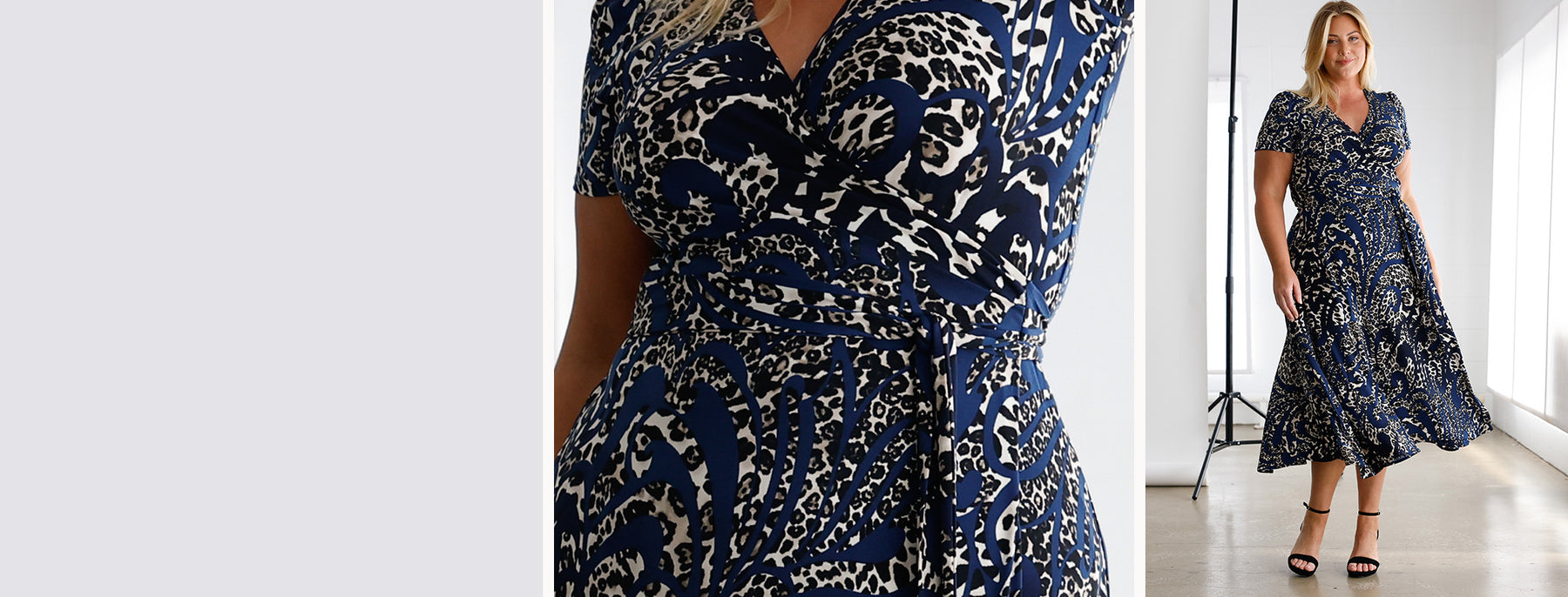 Wrap dresses make great investment pieces, especially wrap dresses by Australian fashion brand, Leina & Fleur. An animal print and blue swirl print wrap dress is shown in detail and full length to show the quality design features of L&F's made in Australia wrap dresses.