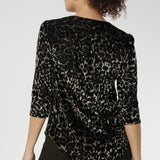 The striking animal print, set against a soft, stretch velour base in warm golden tones, brings depth and richness to the design, while the light sheerness offers a hint of texture and dimension
