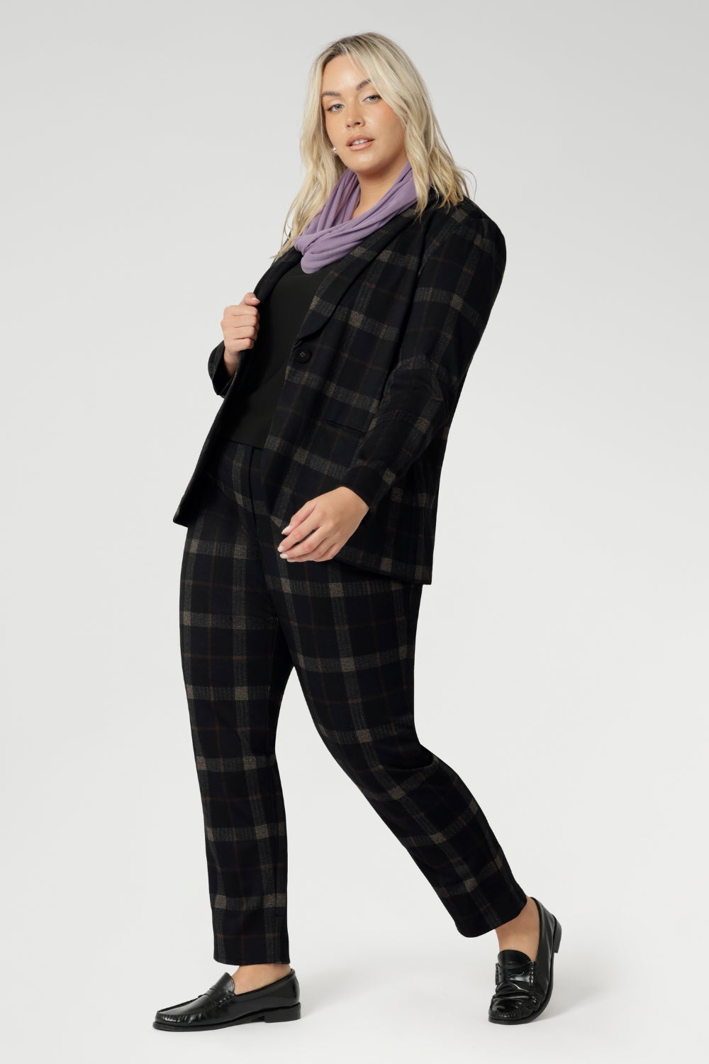 The full collection offers three beautifully coordinated pieces: the Lulu tapered pant, a wide leg pant for a softer silhouette, and a tailored blazer that pairs perfectly with both. Australian Made in sizes 8-24.