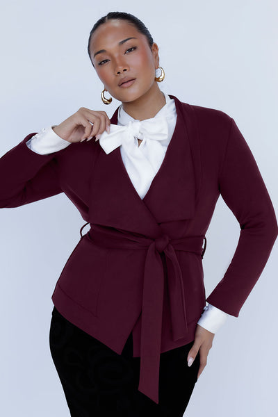 Size 10 model wears the Lyndon Jacket in Wine Modal. Styled back with the white Matisse shirt. Made in Australia for women size 8 - 24. 