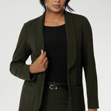 Olive Merit blazer made from Scuba crepe, easy care fabric. With functional patch pockets and tailored shawl collar, you will look stylish in all corporate and casual occasions. Woman's workwear clothing made in Australia sizes 8 - 24.