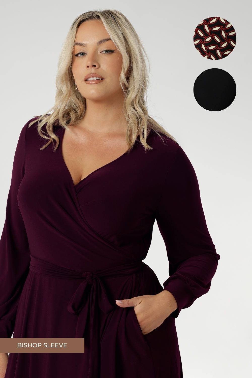 Offered as a made-to-order piece, this dress allows you to personalise your style with a selection of custom features. Choose from three refined sleeve styles: classic 3/4 sleeves, graceful fluted sleeves, or romantic bishop sleeves.
