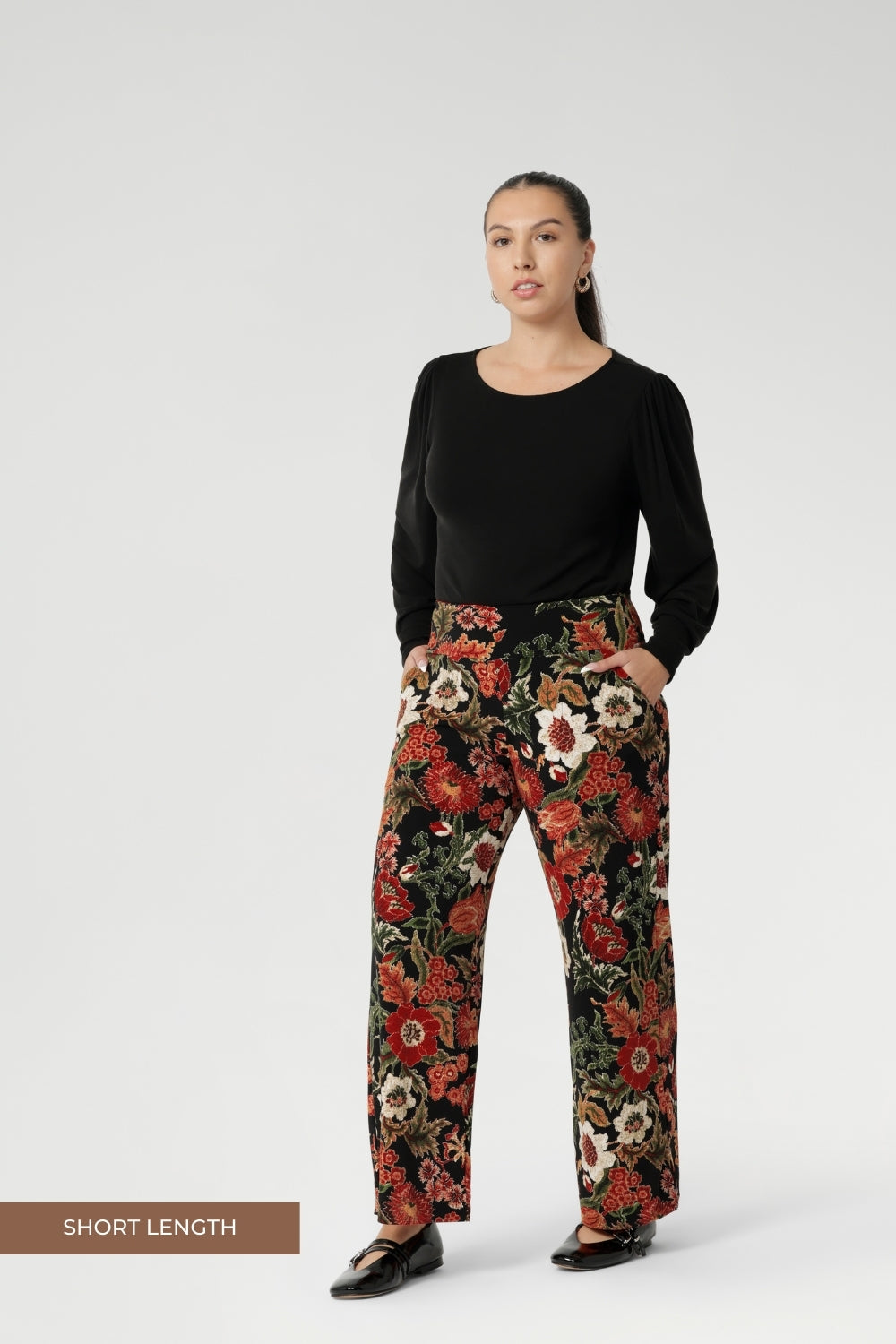 The Monroe Pant is the perfect workwear essential for petite women, offering style, comfort, and a flawless fit. Crafted from a floral-printed dry-touch jersey fabric, these pants provide all-day stretch while draping beautifully to flatter your frame. Available in sizes 8 to 24, the Monroe Pant comes in three pant lengths, including a shorter option designed specifically for petite heights.