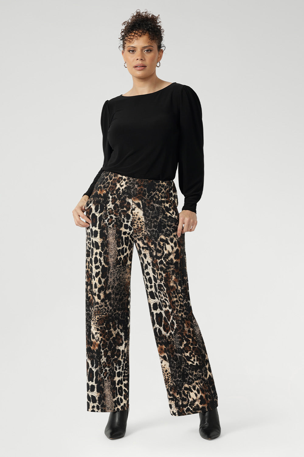 Elevate your everyday style with our best-selling Monroe Pant, now available in the striking Panthera print. Crafted from our signature dry-touch jersey, this luxurious fabric features a soft stretch and rich tones of black, cream, and brown for a bold yet versatile look.