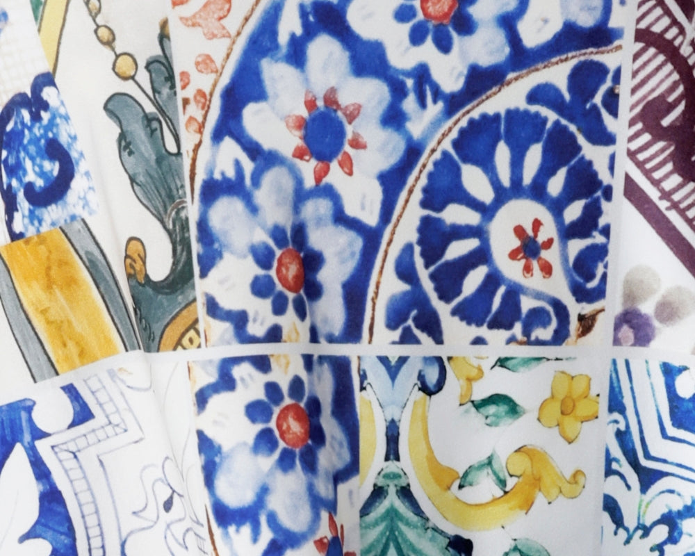 Still swatch image of Mosaic Tile print. Made from our soft-touch jersey fabric with gentle stretch and a satin-like feel, this Australian-made culotte showcases a captivating Sicilian-inspired print in cobalt, yellow, brown, and green. Used to create a collection of womens holiday collection in sizes 8-24.