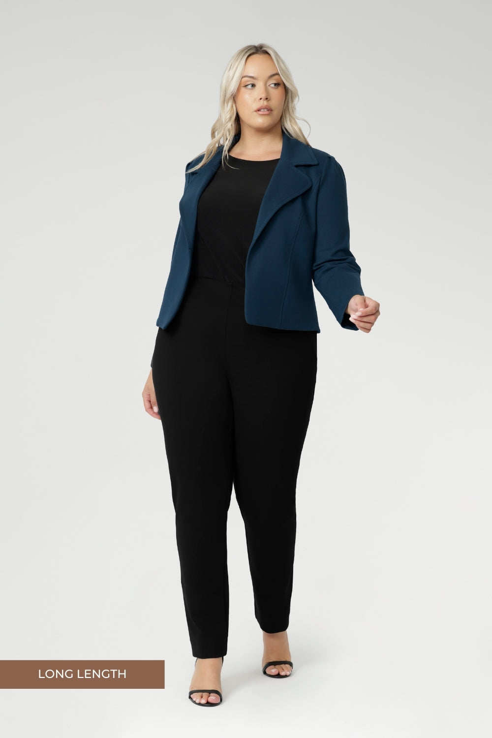 Plus size woman wears the Paxton Pant in black with matching black workwear top and has added the Garcia Jacket in petrol for a full suiting look. Paxton is a pull-on style designed for the woman on the go. It effortlessly pairs with L&F separates and the Garcia jackets, creating a comfortable and stylish suiting look. Proudly made in Australia size 8-24.