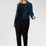 Plus size woman wears the Paxton Pant in black with matching black workwear top and has added the Garcia Jacket in petrol for a full suiting look. Paxton is a pull-on style designed for the woman on the go. It effortlessly pairs with L&F separates and the Garcia jackets, creating a comfortable and stylish suiting look. Proudly made in Australia size 8-24.