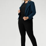 Plus size woman wears the Paxton Pant in the black long length, with matching black workwear top and the Garcia Jacket in petrol for a full suiting look and pop of colour. Paxton is a pull-on style designed for the woman on the go. It effortlessly pairs with L&F separates and the Garcia jackets, creating a comfortable and stylish suiting look. Proudly made in Australia size 8-24.