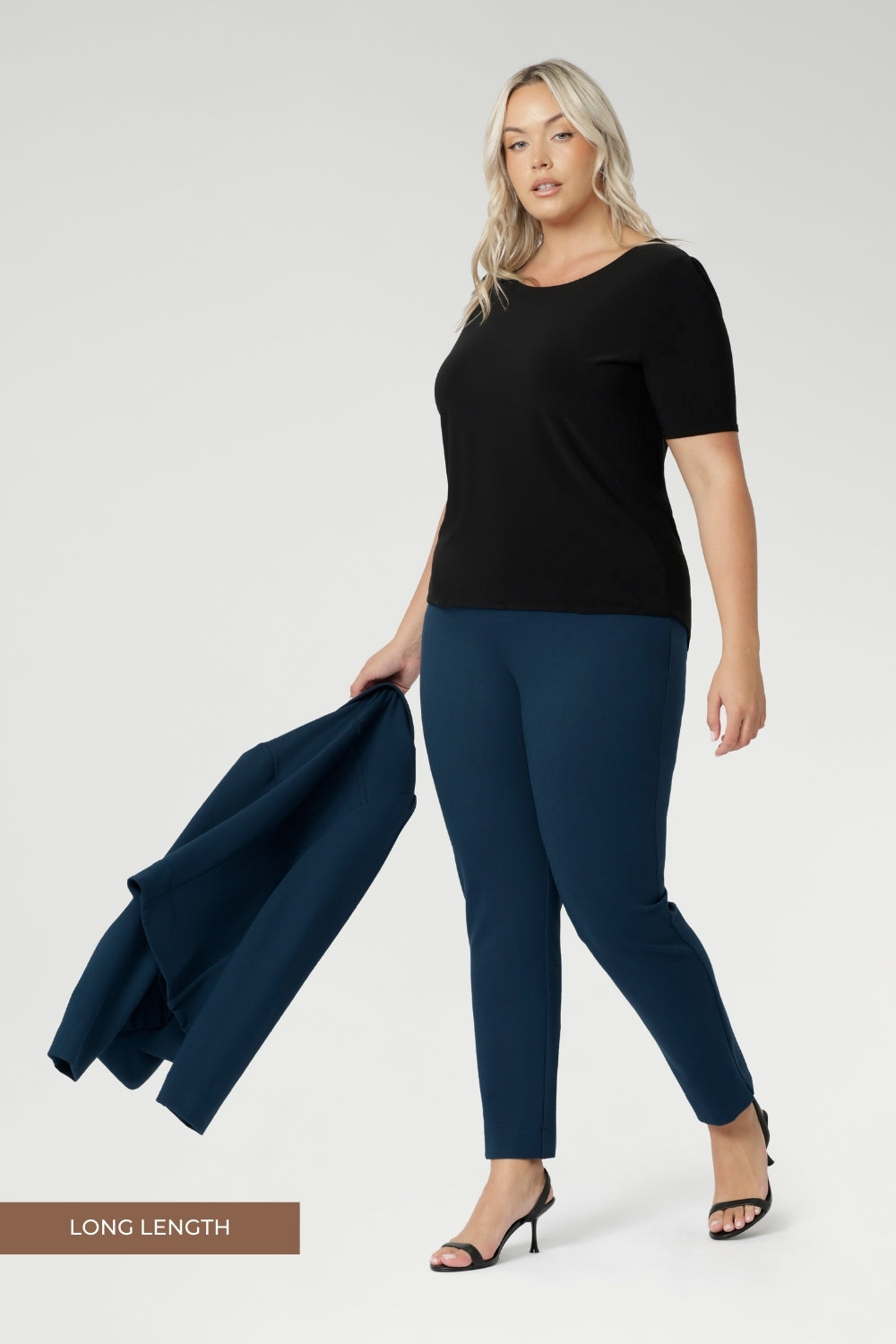 The Paxton Pant is crafted from a dry-touch Ponte jersey fabric with a firm stretch. This pull-on style pant features a straight-leg cut, high pockets, and ankle slit details. It comes in three lengths and sizes 8-24. Designed for the woman on the go, the Paxton Pant pairs seamlessly with L+F separates and the Garcia Jackets for a coordinated, polished look.