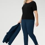 The Paxton Pant is crafted from a dry-touch Ponte jersey fabric with a firm stretch. This pull-on style pant features a straight-leg cut, high pockets, and ankle slit details. It comes in three lengths and sizes 8-24. Designed for the woman on the go, the Paxton Pant pairs seamlessly with L+F separates and the Garcia Jackets for a coordinated, polished look.