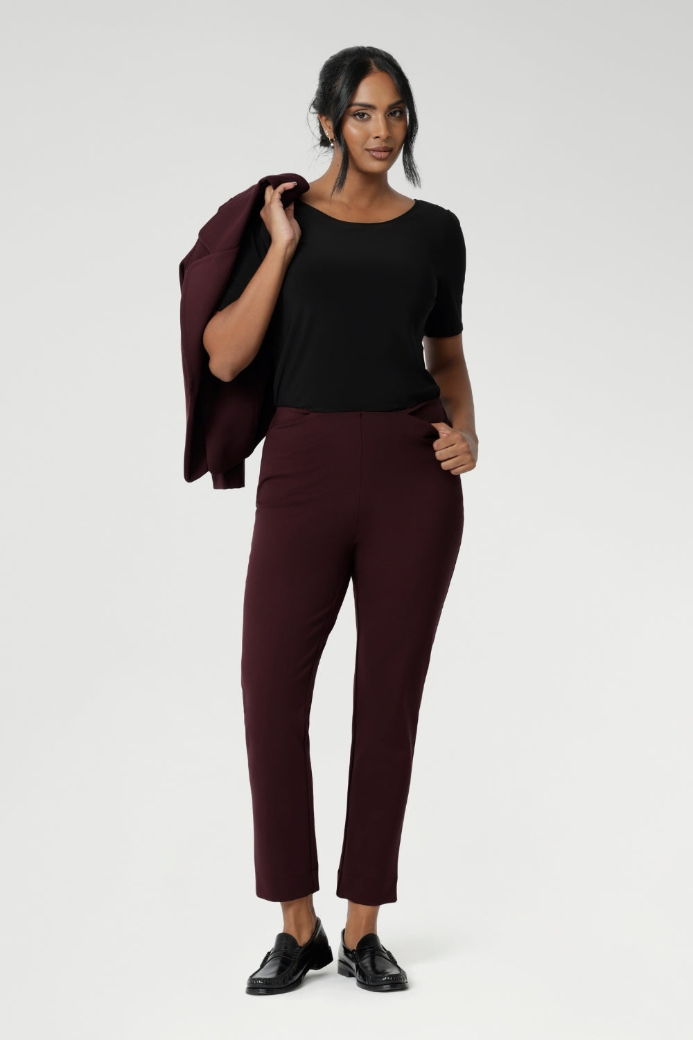 The Paxton Pant is a pull-on style designed for the woman on the go. It pairs effortlessly with L&F separates and the Garcia Jacket for a coordinated, polished look. Crafted from dry-touch Ponte jersey base that provides firm stretch. Paxton is a mid rise, pull-on style, straight leg pant with pockets and available in 3 lengths. Proudly made in Australia in sizes 8-24.