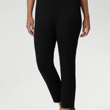 Close up of a size 10 woman wears the Paxton Pant in black. A loose fitting ponte pant in black. A slack pant with cropped length. Made in Australia for women size 8-24.