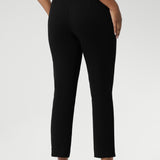 Close up of a size 10 woman wears the Paxton Pant in black. A loose fitting ponte pant in black. A slack pant with cropped length. Made in Australia for women size 8-24.