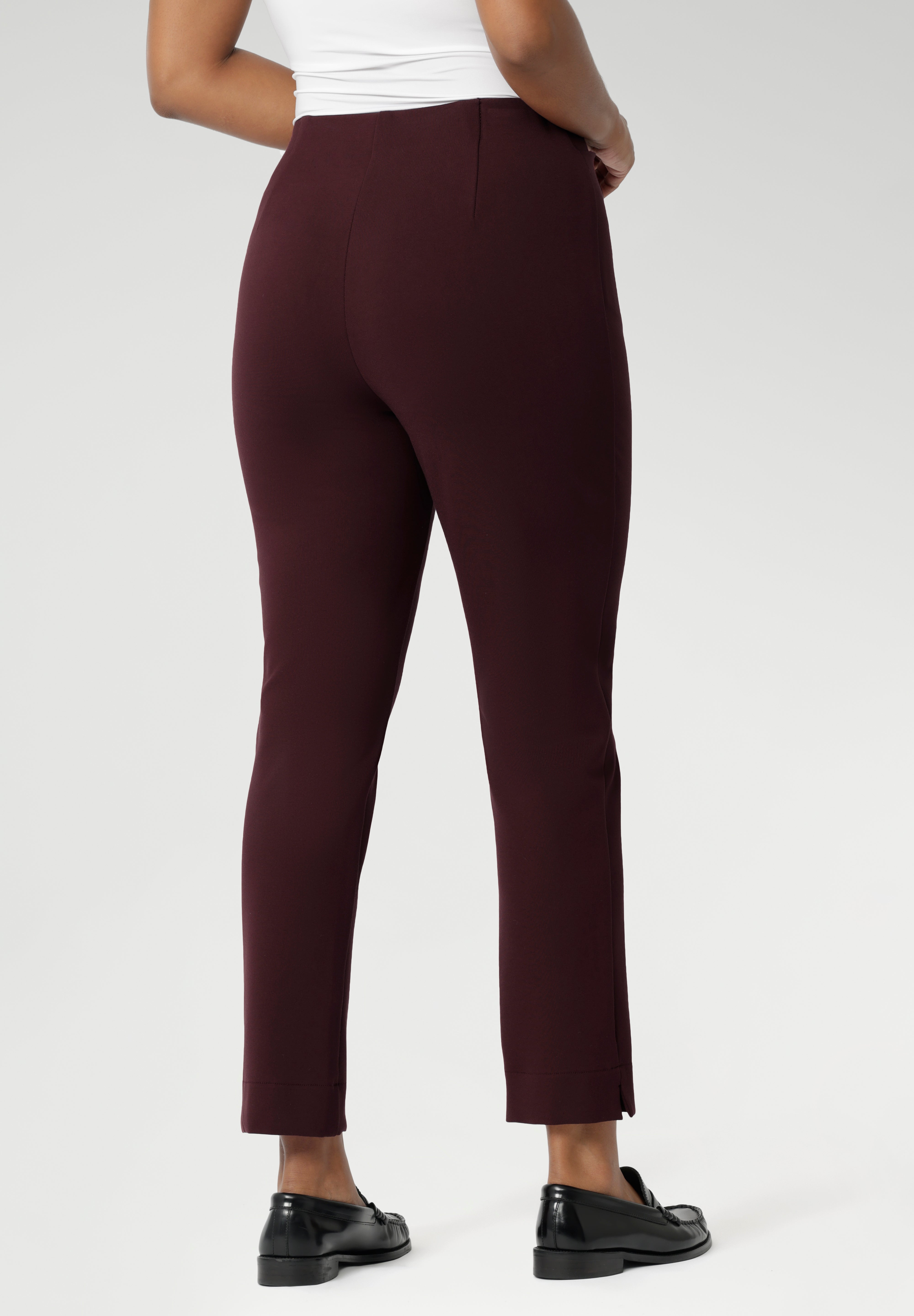 Back view image of The Paxton Pant in Burgundy. A pull-on style pant designed for the woman on the go, crafted from dry touch Ponte fabric that provides firm stretch. Pairs effortlessly with L&F separates and the Garcia Jacket for a coordinated suiting look.