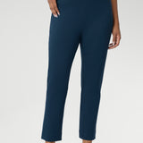 The Paxton Pant is on a dry-touch Ponte jersey base. The fabric has firm stretch. Pull on style pant features a straight leg cut, high pockets and ankle slit details. Available in 3 lengths in sizes 8-24.