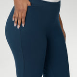 The Paxton Pant is on a dry-touch Ponte jersey base. The fabric has firm stretch. Pull on style pant features a straight leg cut, high pockets and ankle slit details. Available in 3 lengths in sizes 8-24.