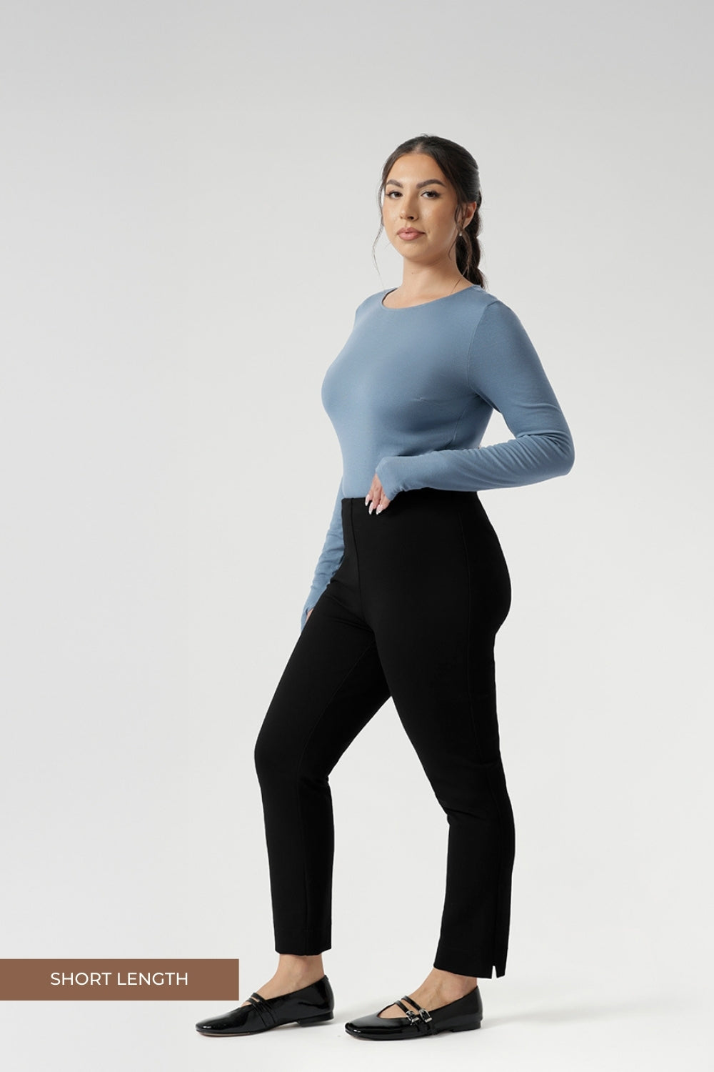 The Paxton pant is a pull-on style designed for the woman on the go. It effortlessly pairs with L&F separates and the Garcia jackets, creating a comfortable and stylish suiting look. Proudly made in Australia size 8-24. Petite height woman wears her Paxton pants with tencel wool top with black flats.