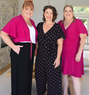 3 step guide to personal brand style - Image shows three different models, one wearing black wide leg pants and a white top, one wears a black polkadot jumpsuit and the third wears a pink wrap dress