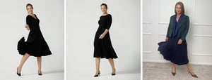 travel capsule wardrobe ideas from Australian and New Zealand women's fashion brand, Leina & Fleur - solve all your travel wardrobe packing problems with a reversible dress in petite or regular length. Showing the reversible wrap dress in black with V-neck or boat neckline or the reversible dress in navy styled with a petrol green jacket and french navy, bamboo jersey scarf. 