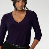 The Vida Top in Amethyst! A V-neck top with 3/4 sleeves, this purple jersey top is is easy to wear and easy-care. Wear this top with workwear separates as an office top or dress down with casual pants as a comfortable top for the weekend. Made in Australia by Australian and New Zealand women's clothes brand, Leina & Fleur.