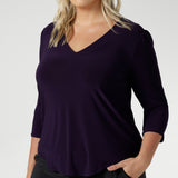 The Vida Top in Amethyst! A V-neck top with 3/4 sleeves, this purple jersey top is is easy to wear and easy-care. Wear this top with workwear separates as an office top or dress down with casual pants as a comfortable top for the weekend. Made in Australia by Australian and New Zealand women's clothes brand, Leina & Fleur.