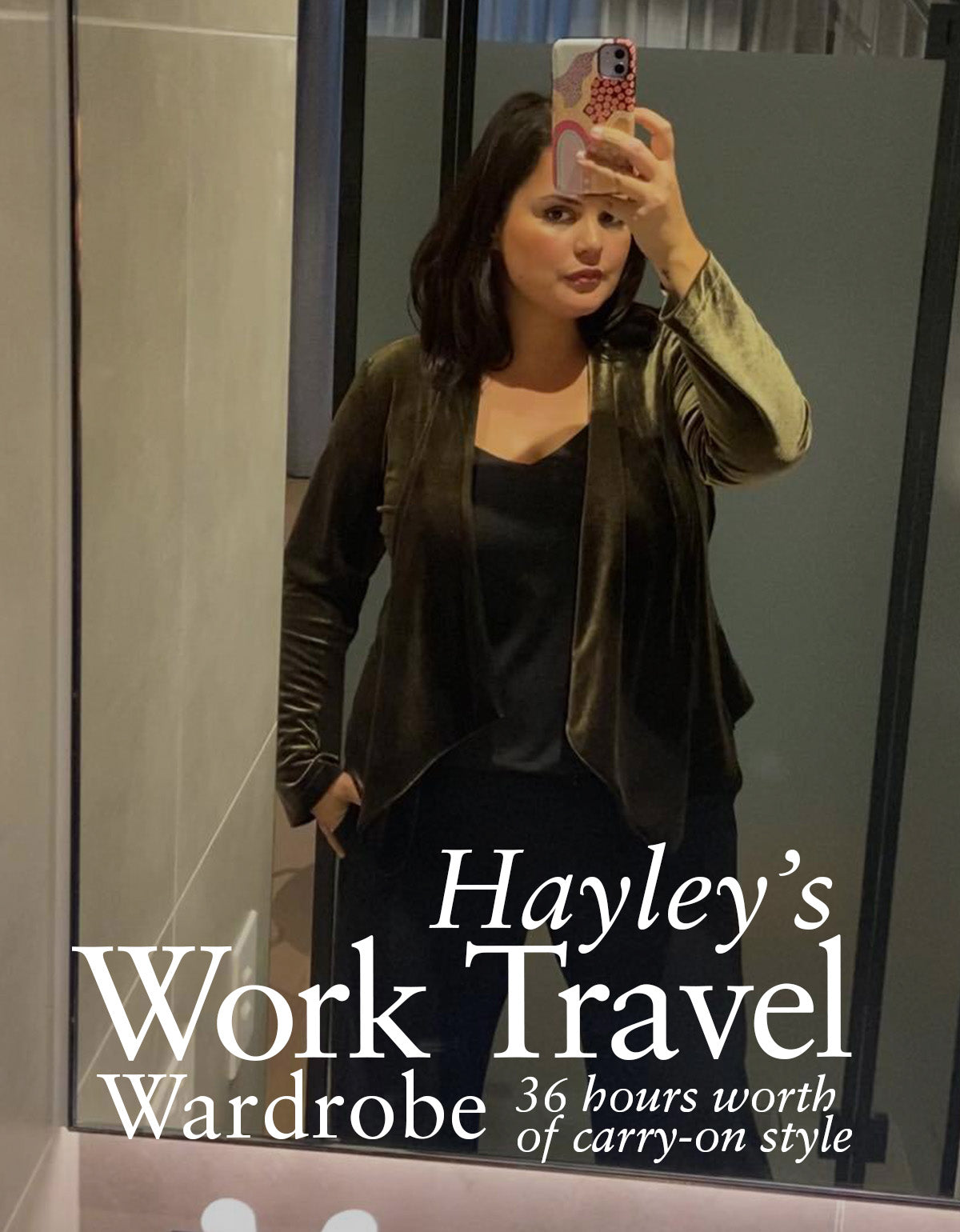 A curvy woman wears a green velour evening jacket, black top and black wide leg pants for a work dinner. The dinner outfit is taken from her work trip capsule wardrobe video to show what to pack for a work trip.