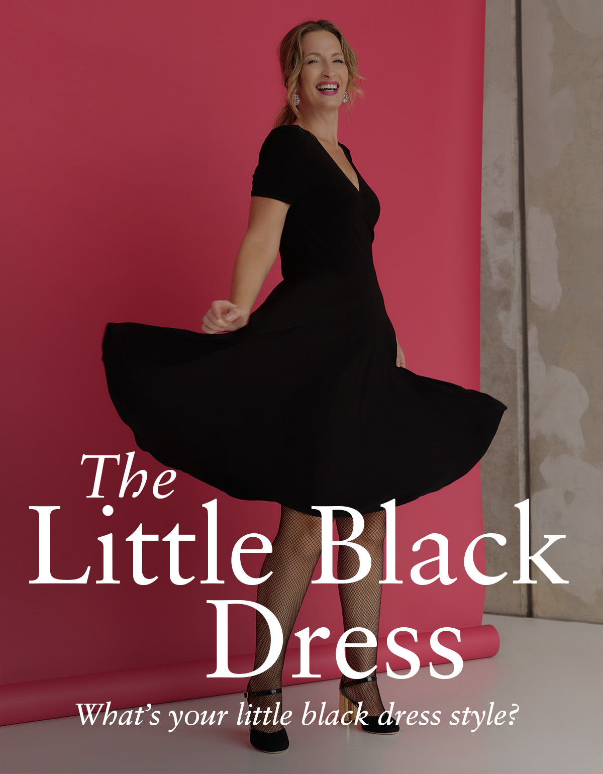 An over 40, size 10 woman wears an Australian-made black fixed wrap dress with short sleeves and midi length hemline - great for cocktail dress codes and evening wear!